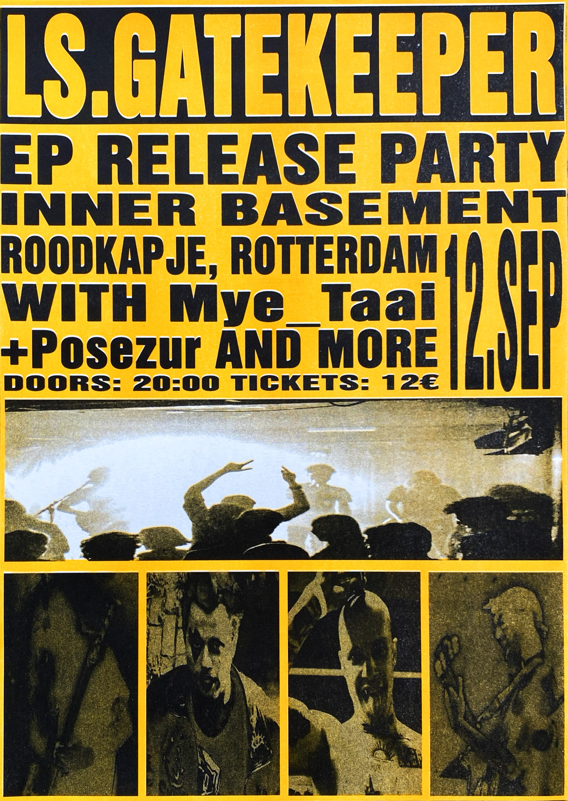 Sunflower yellow and black riso printed poster for LS GATEKEEPER EP release party - poster by Lui Surreal