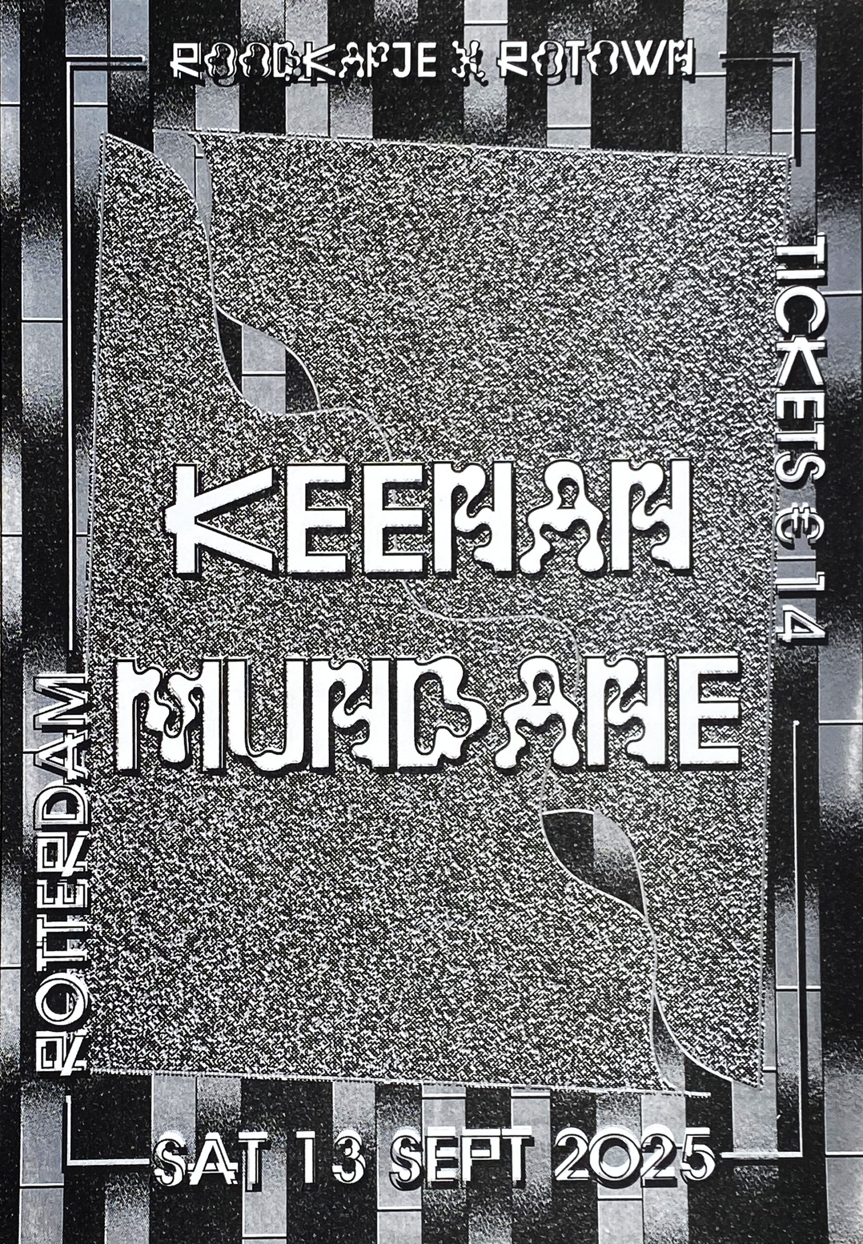 Light grey and black riso printed poster for the concert of Keenan Mundane