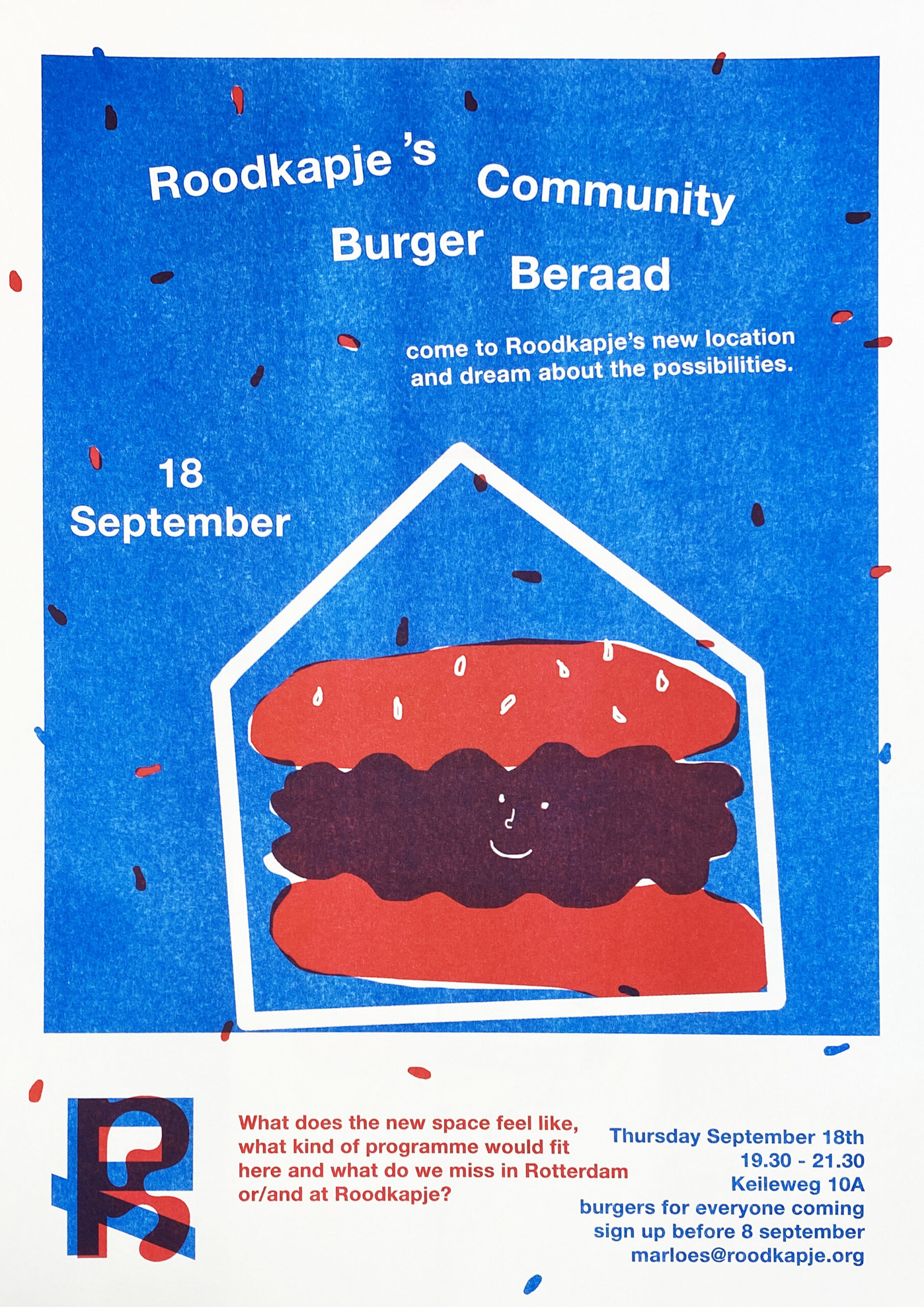 Red and blue riso printed poster for Roodkapje's Burger Beraad with a smiling burger in an outline of a new house