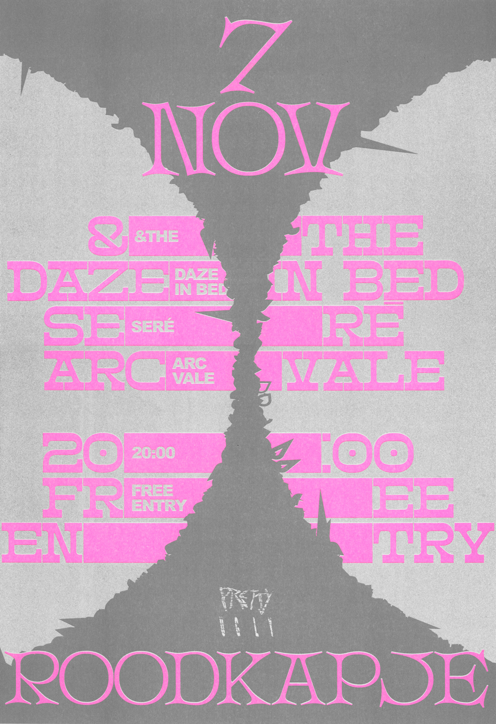 Two light grey half circles on a dark grey background with fluo pink letters in a cowboy-like font. Poster made by Iris van Velzen, Typeface: Hypermono by Peter Roeleveld