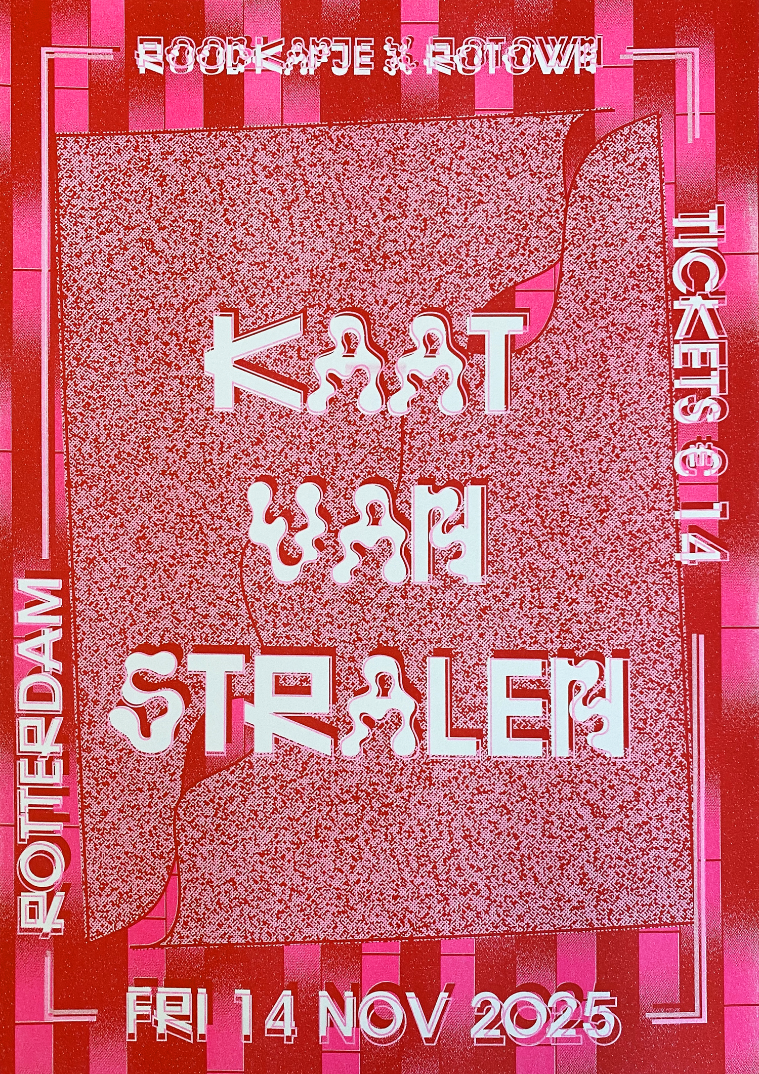 Fluo pink and red riso ink printed poster for the concert of Kaat van Stralen + Vieze Meisje