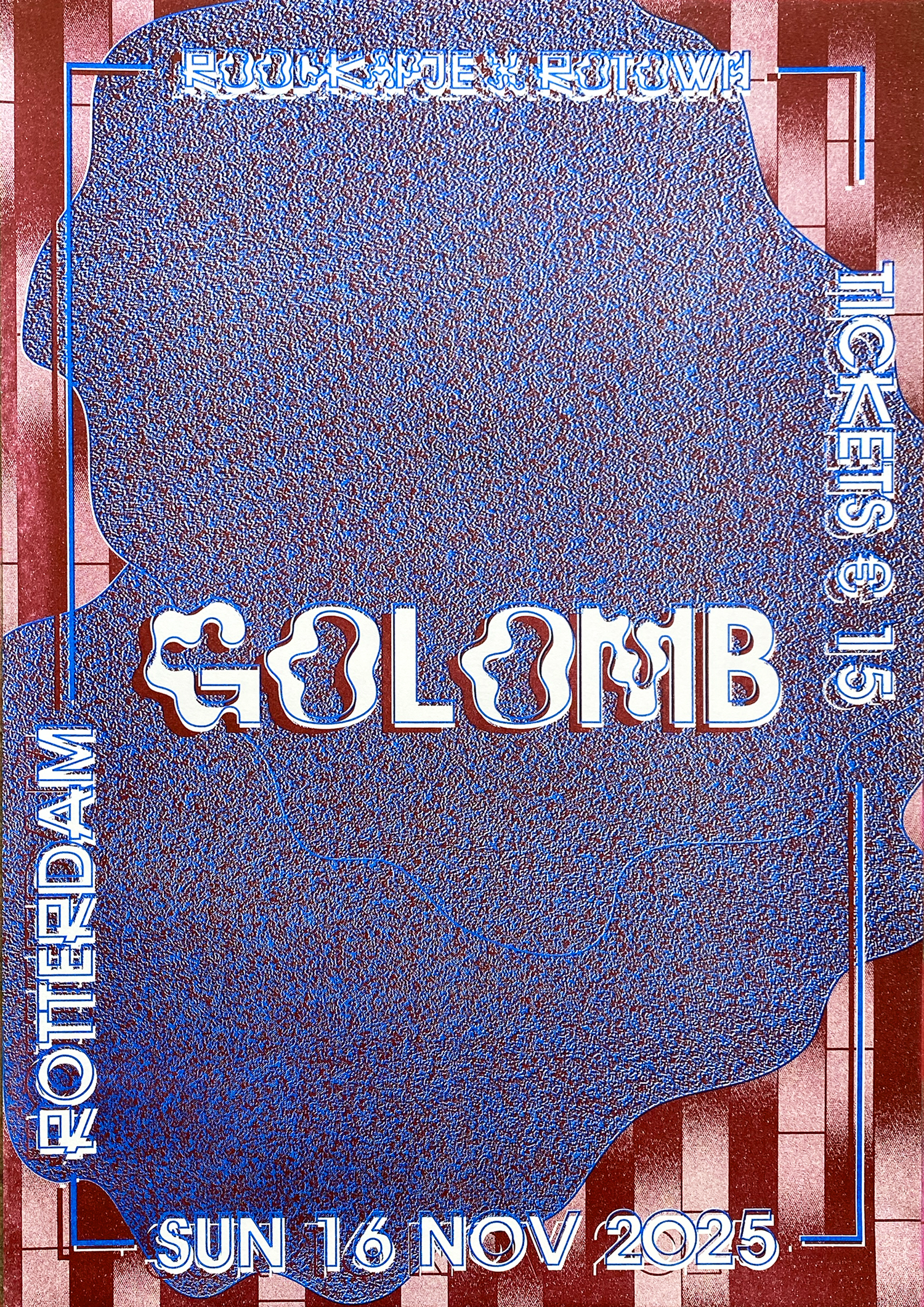 Blue and Burgundy riso ink printed poster for the concert of Golomb + Apeshit