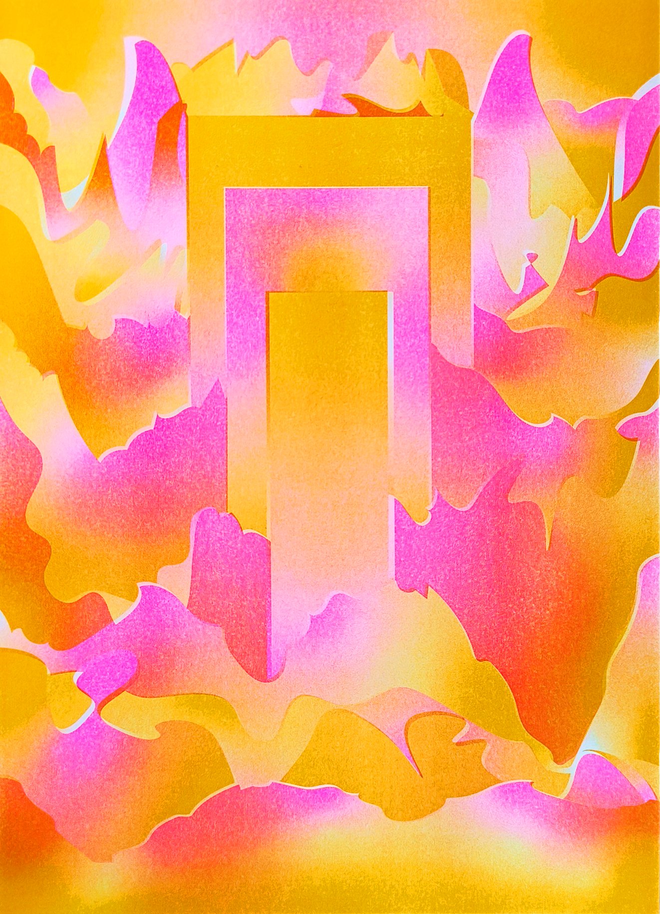 A riso printed abstract port surrounded by flames in sunflower yellow and fluo pink by Esmee Agaton