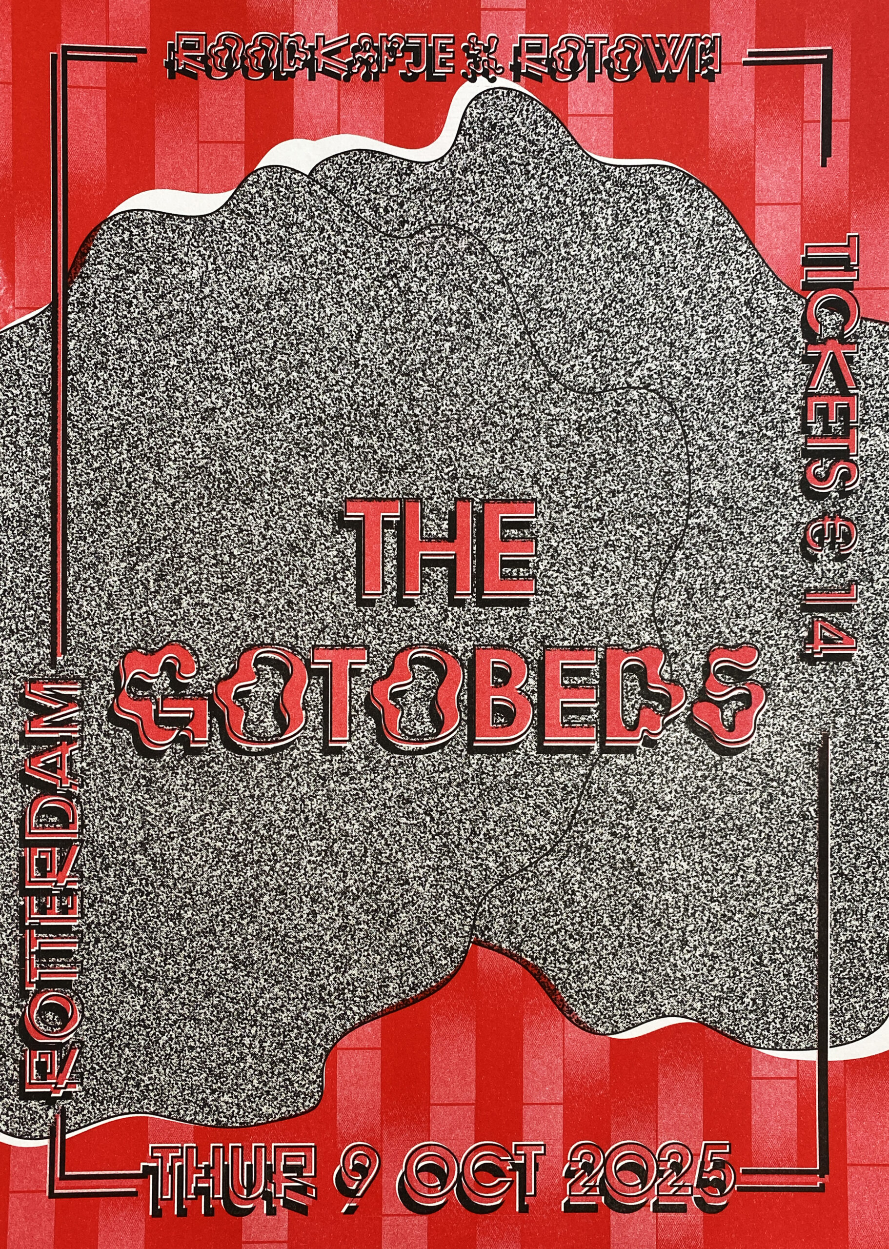 Red and black riso printed poster for the concert of The Gotobeds