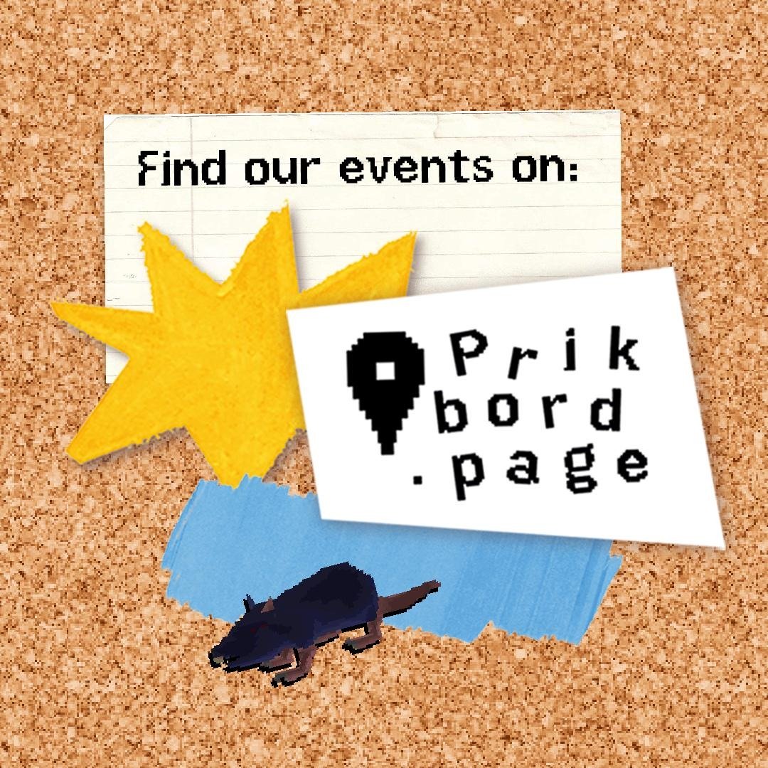 a square with a memoboard background, a note with the text 'find our events on:', a yellow star underneath on the left, on the right with pixelated letter 'prikbord.page', underneath a blue blob and a pixelated rat